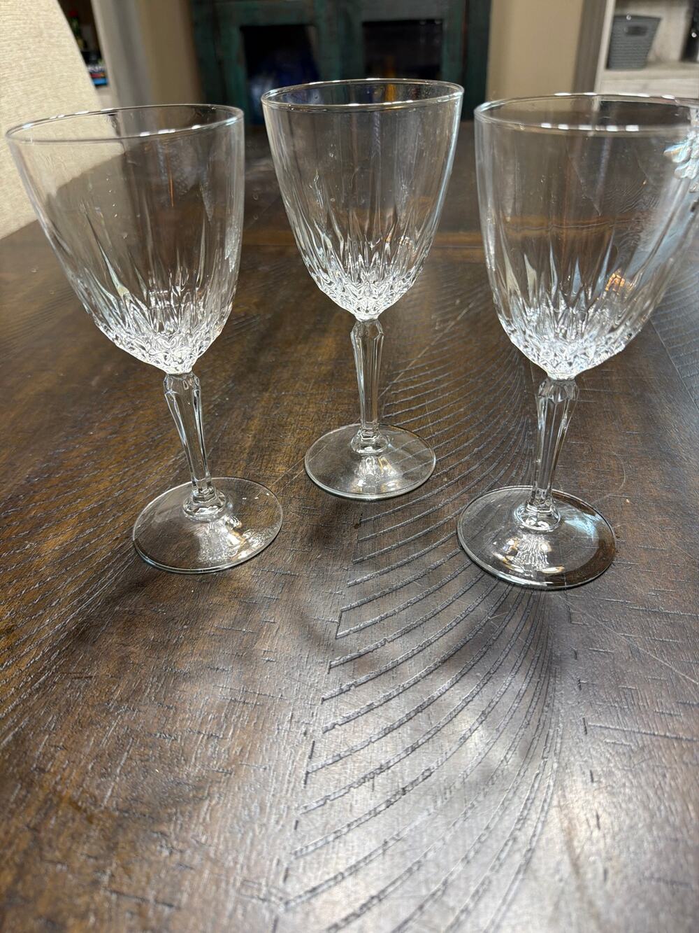 Set of 3 Vintage Cut Glass Wine Goblets Fan Starburst Pattern Elegant Stemware